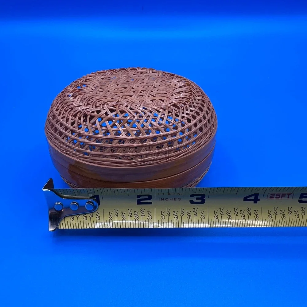 Vintage Small Woven Bamboo Trinket Box with Lid Round Decorative Basket 4